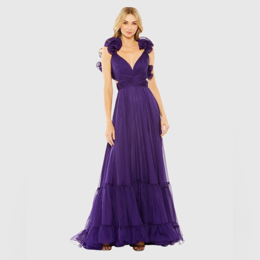 Mac Duggal Purple Ruffle Tiered Cut-Out Chiffon Gown